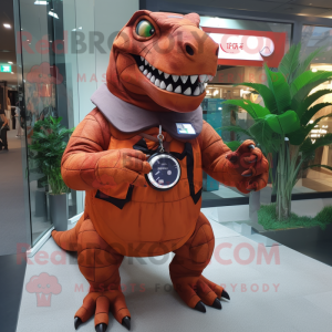 Rust Tyrannosaurus mascot costume character dressed with a Wrap Skirt and Smartwatches