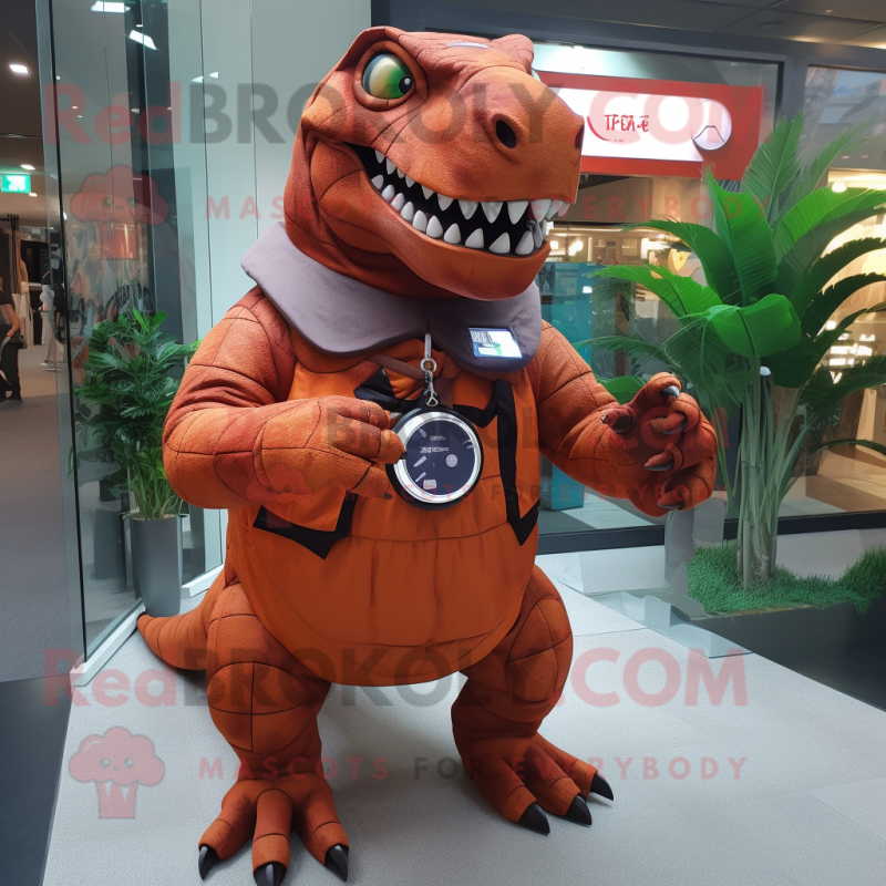 Rust Tyrannosaurus mascot costume character dressed with a Wrap Skirt and Smartwatches Rust Tyrannosaurus mascot costume character dressed with a Wrap Skirt and Smartwatches