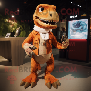 Rust Tyrannosaurus mascot costume character dressed with a Wrap Skirt and Smartwatches