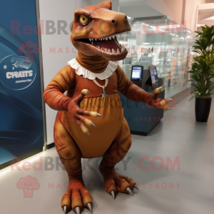 Rust Tyrannosaurus mascot costume character dressed with a Wrap Skirt and Smartwatches