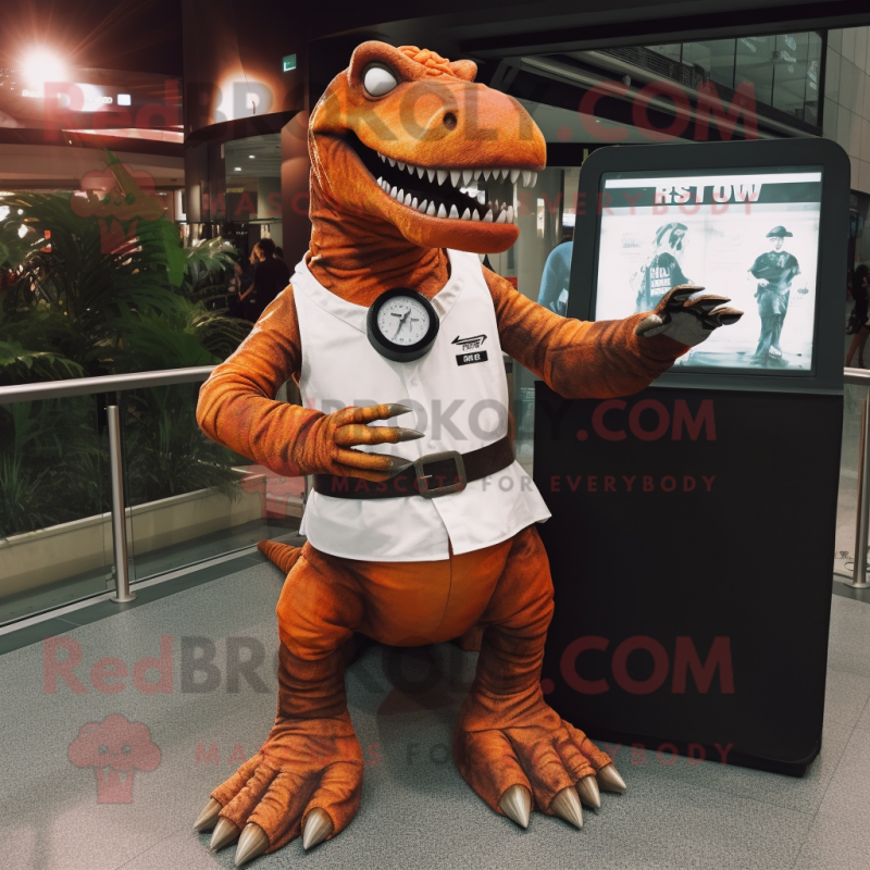 Rust Tyrannosaurus mascot costume character dressed with a Wrap Skirt and Smartwatches