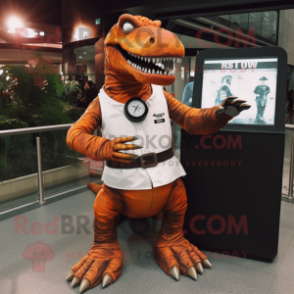 Rust Tyrannosaurus mascot costume character dressed with a Wrap Skirt and Smartwatches