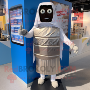 Silver Chocolate Bar mascot costume character dressed with a Board Shorts and Scarves