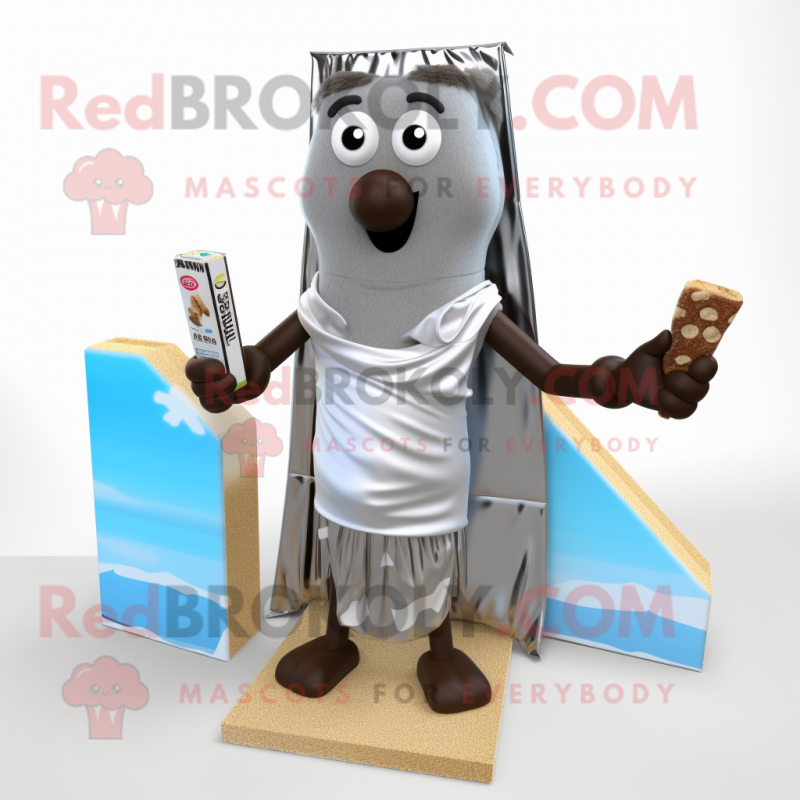 Silver Chocolate Bar mascot costume character dressed with a Board Shorts and Scarves Silver Chocolate Bar mascot costume character dressed with a Board Shorts and Scarves