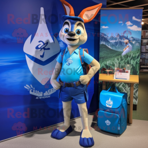 Blue Gazelle mascot costume character dressed with a Board Shorts and Suspenders