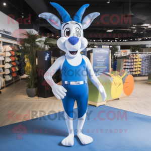 Blue Gazelle mascot costume character dressed with a Board Shorts and Suspenders