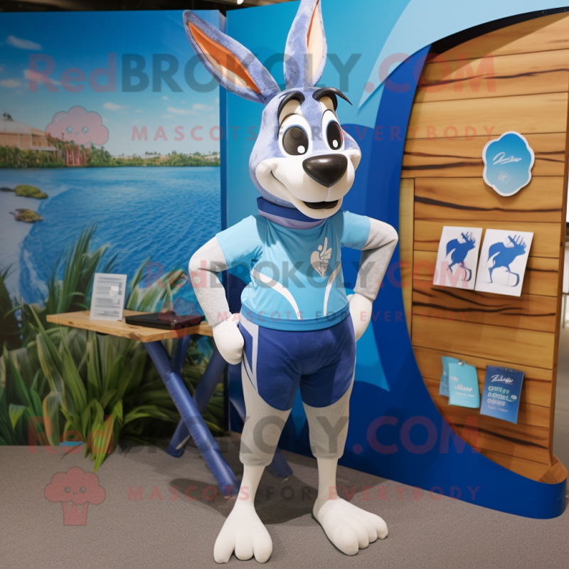 Blue Gazelle mascot costume character dressed with a Board Shorts and Suspenders Blue Gazelle mascot costume character dressed with a Board Shorts and Suspenders