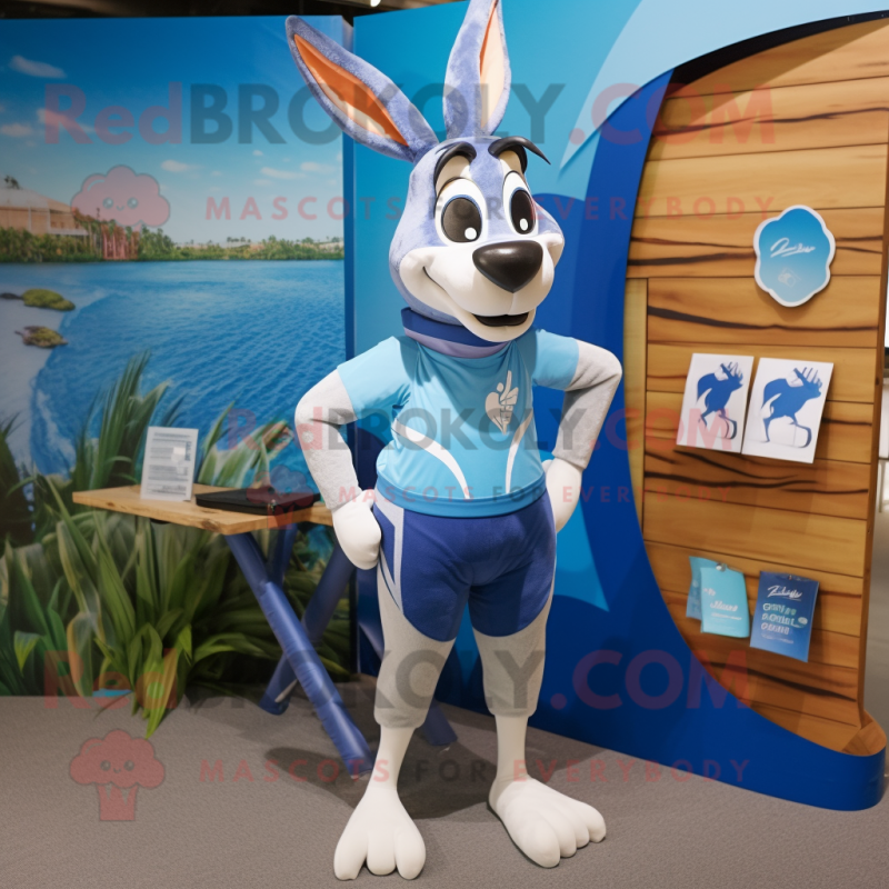 Blue Gazelle mascot costume character dressed with a Board Shorts and Suspenders