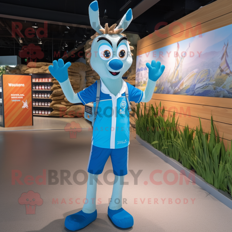 Blue Gazelle mascot costume character dressed with a Board Shorts and Suspenders Blue Gazelle mascot costume character dressed with a Board Shorts and Suspenders