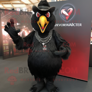 Black Rooster mascot costume character dressed with a V-Neck Tee and Rings