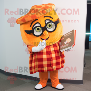 Orange Pizza Slice mascot costume character dressed with a Flannel Shirt and Reading glasses