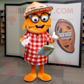 Orange Pizza Slice mascot costume character dressed with a Flannel Shirt and Reading glasses