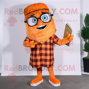 Orange Pizza Slice mascot costume character dressed with a Flannel Shirt and Reading glasses