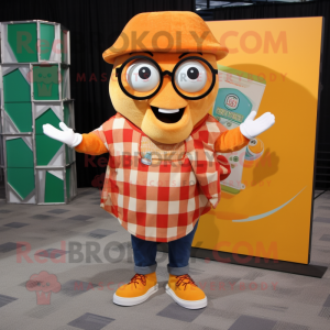 Orange Pizza Slice mascot costume character dressed with a Flannel Shirt and Reading glasses