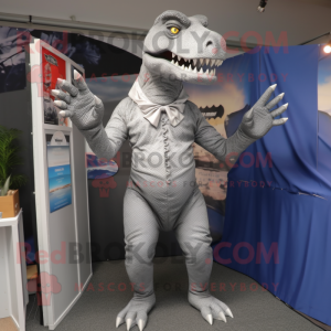Silver Tyrannosaurus mascot costume character dressed with a Swimwear and Cufflinks