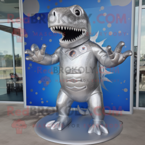 Silver Tyrannosaurus mascot costume character dressed with a Swimwear and Cufflinks