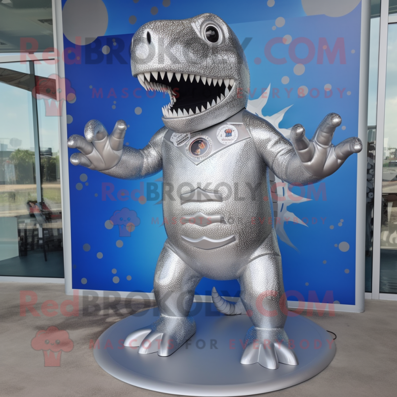 Silver Tyrannosaurus mascot costume character dressed with a Swimwear and Cufflinks Silver Tyrannosaurus mascot costume character dressed with a Swimwear and Cufflinks