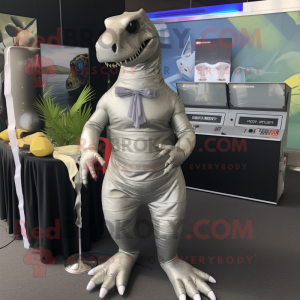 Silver Tyrannosaurus mascot costume character dressed with a Swimwear and Cufflinks