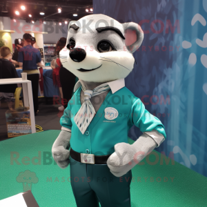 Teal Ferret mascot costume character dressed with a Poplin Shirt and Pocket squares