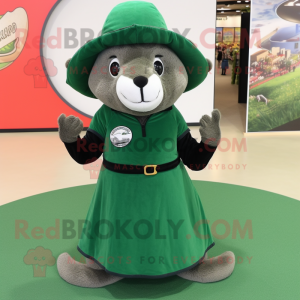 Forest Green Mongoose mascot costume character dressed with a Circle Skirt and Beanies