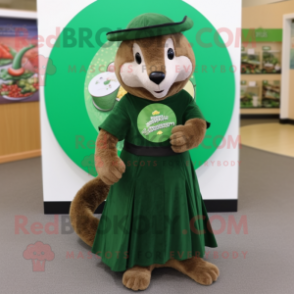 Forest Green Mongoose mascot costume character dressed with a Circle Skirt and Beanies