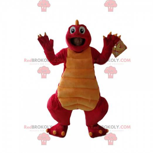 Mascote de dinossauro engraçado vermelho e amarelo -