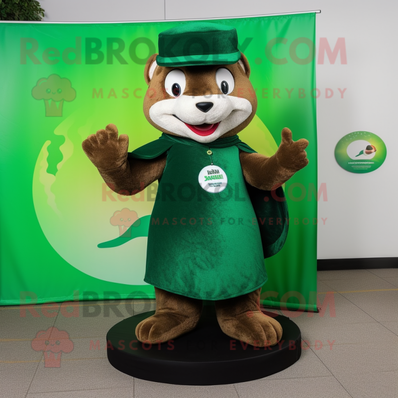 Forest Green Mongoose mascot costume character dressed with a Circle Skirt and Beanies