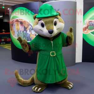 Forest Green Mongoose mascot costume character dressed with a Circle Skirt and Beanies