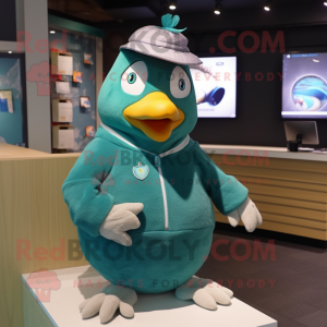 Teal Pigeon mascot costume character dressed with a Hoodie and Brooches