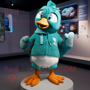 Teal Pigeon mascot costume character dressed with a Hoodie and Brooches