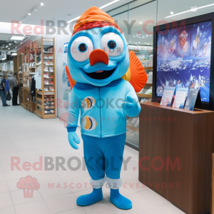 Sky Blue Clown Fish mascot costume character dressed with a Rash Guard and Eyeglasses