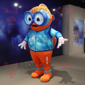 Sky Blue Clown Fish mascot costume character dressed with a Rash Guard and Eyeglasses