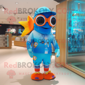 Sky Blue Clown Fish mascot costume character dressed with a Rash Guard and Eyeglasses