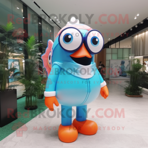 Sky Blue Clown Fish mascot costume character dressed with a Rash Guard and Eyeglasses