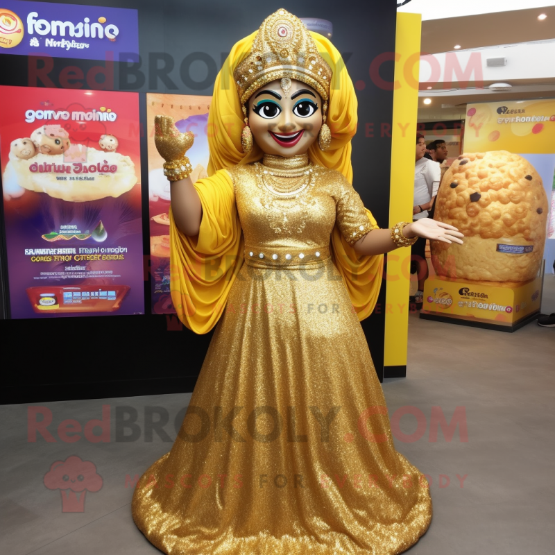 Gold Biryani mascot costume character dressed with a Empire Waist Dress and Earrings