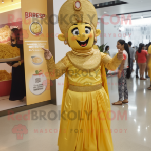 Gold Biryani mascot costume character dressed with a Empire Waist Dress and Earrings