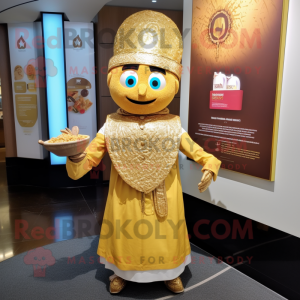 Gold Biryani mascot costume character dressed with a Empire Waist Dress and Earrings