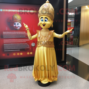 Gold Biryani mascot costume character dressed with a Empire Waist Dress and Earrings