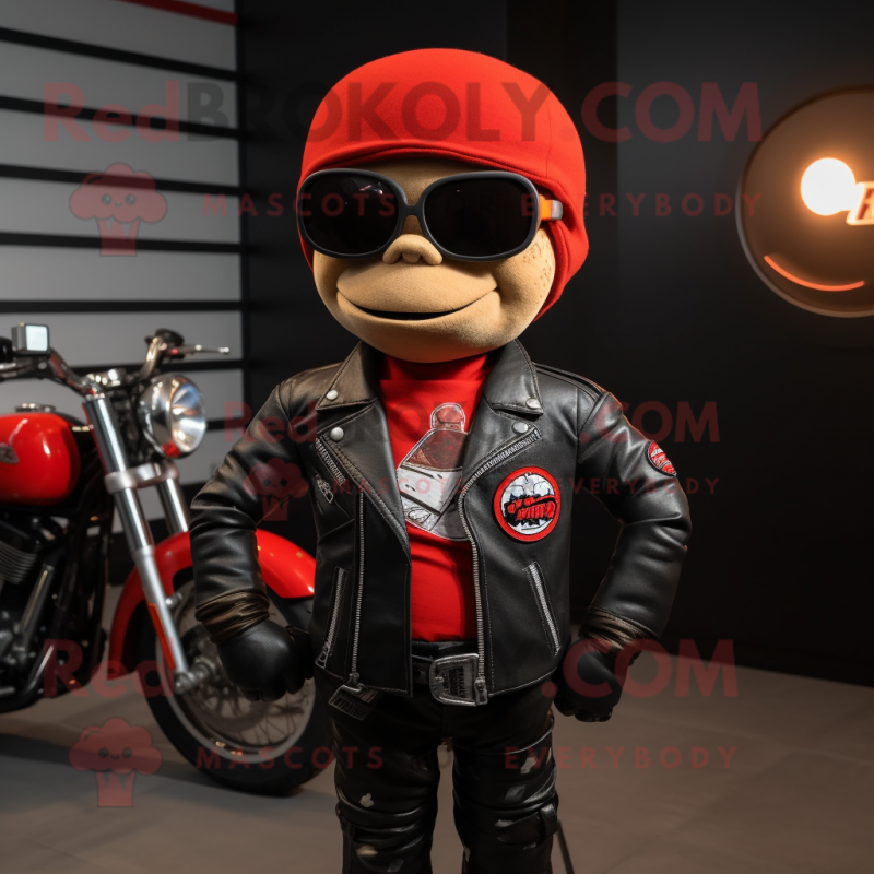 Red Alliance mascot costume character dressed with a Biker Jacket and Tie pins Red Alliance mascot costume character dressed with a Biker Jacket and Tie pins