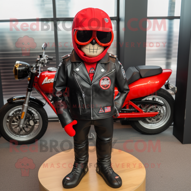 Red Alliance mascot costume character dressed with a Biker Jacket and Tie pins Red Alliance mascot costume character dressed with a Biker Jacket and Tie pins
