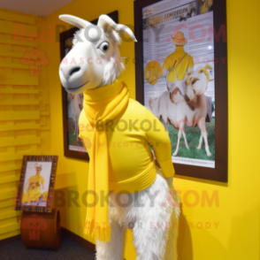 Lemon Yellow Boer Goat mascot costume character dressed with a Henley Tee and Shawl pins