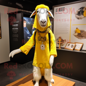 Lemon Yellow Boer Goat mascot costume character dressed with a Henley Tee and Shawl pins