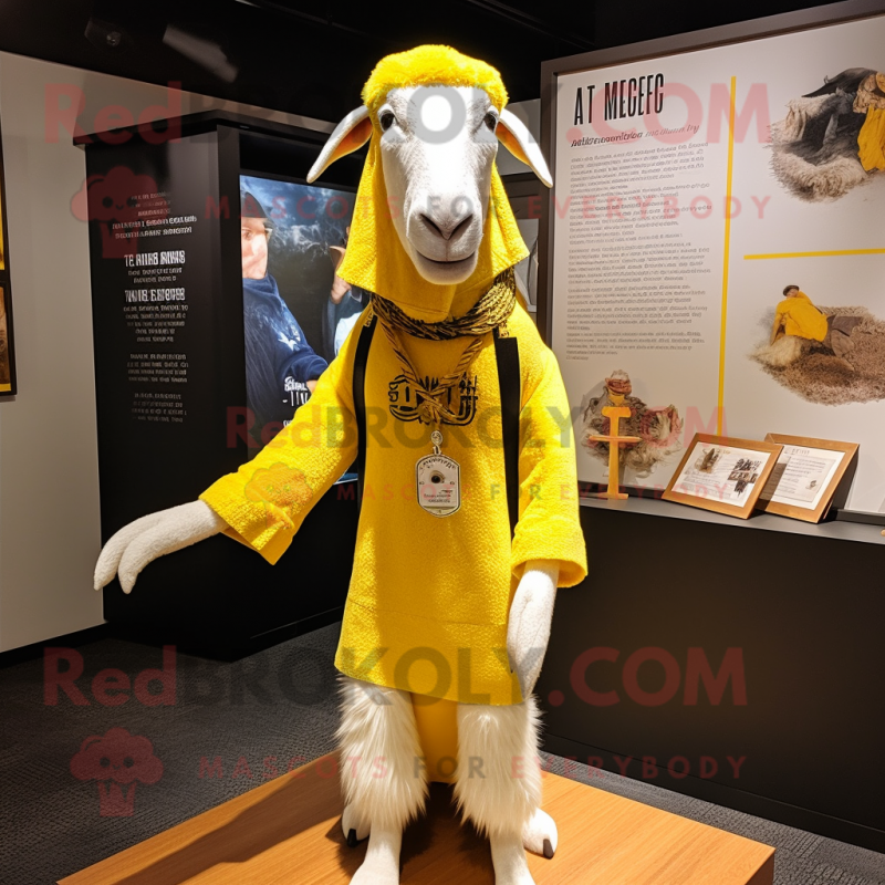 Lemon Yellow Boer Goat mascot costume character dressed with a Henley Tee and Shawl pins Lemon Yellow Boer Goat mascot costume character dressed with a Henley Tee and Shawl pins