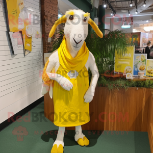 Lemon Yellow Boer Goat mascot costume character dressed with a Henley Tee and Shawl pins