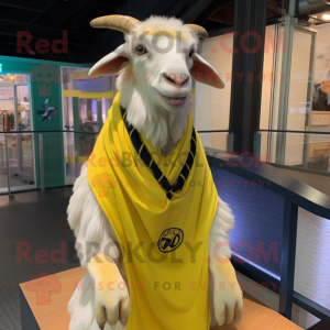 Lemon Yellow Boer Goat mascot costume character dressed with a Henley Tee and Shawl pins