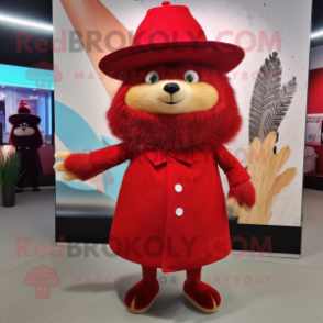 Red Hedgehog mascot costume character dressed with a A-Line Skirt and Hat pins