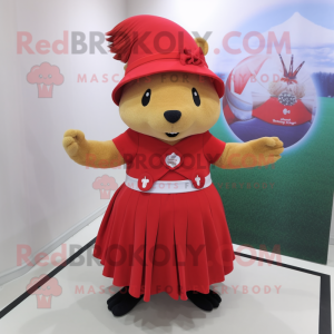 Red Hedgehog mascot costume character dressed with a A-Line Skirt and Hat pins