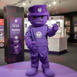 Purple Soldier mascot costume character dressed with a Playsuit and Pocket squares