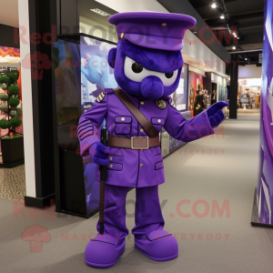 Purple Soldier mascot costume character dressed with a Playsuit and Pocket squares