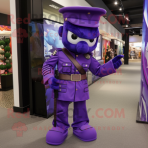 Purple Soldier mascot costume character dressed with a Playsuit and Pocket squares